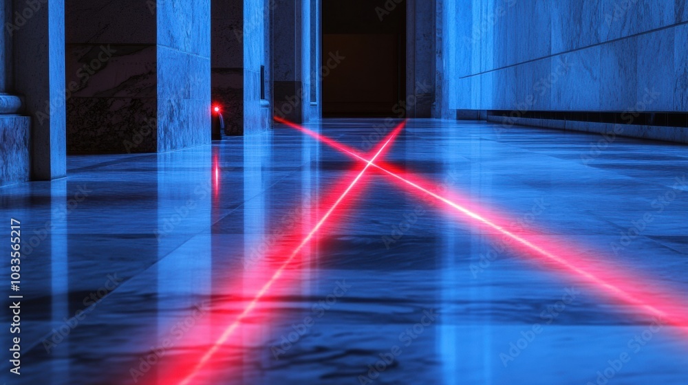 Fototapete bright red laser beams intersect on polished marble floors, creating a striking visual in a low-lit 
