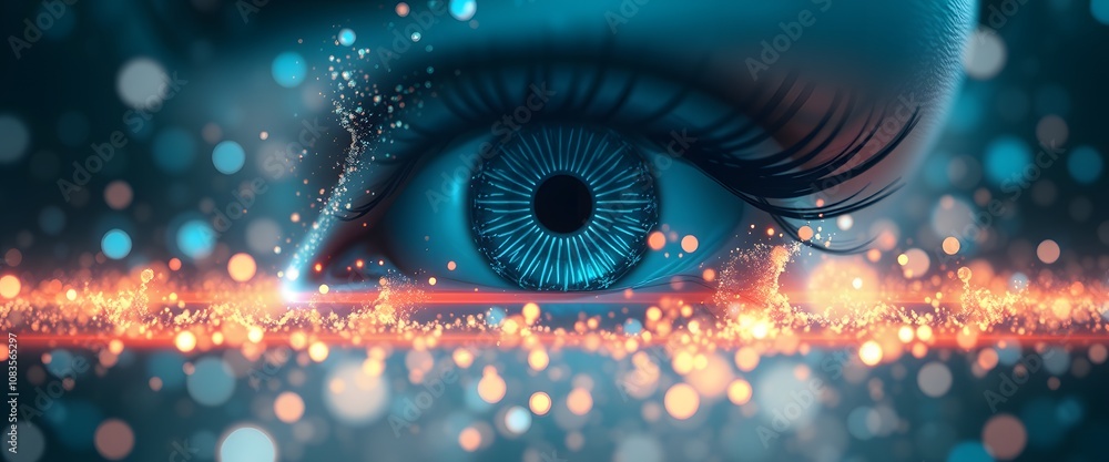 Poster A Captivating Visual of a Vigorous Eye Dissolving into Particles with Stunning Glowing Effects for Artistic and Creative Use
