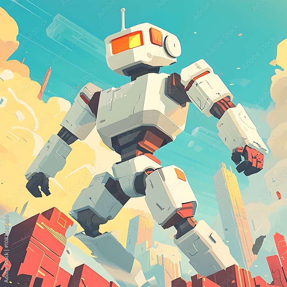 Aufkleber vibrant and playful robot in a dynamic futuristic landscape surrounded by colorful clouds and geomet