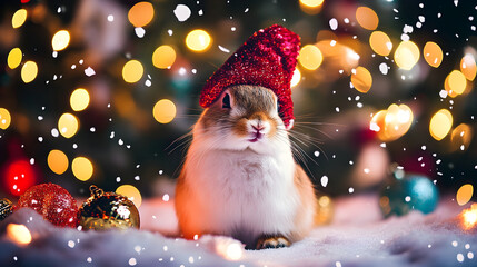 Fototapeta premium Adorable Bunny with Red Hat in Christmas Scene 