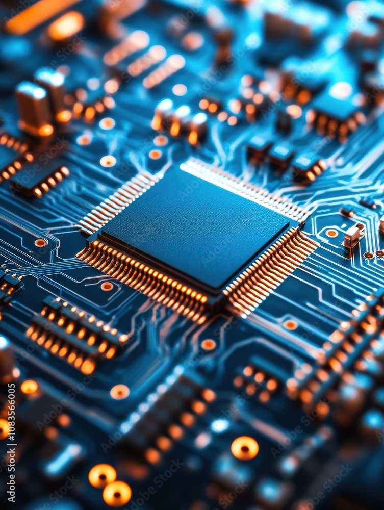 Fototapete This setup highlights a microprocessor in detail, integrated with gears on a circuit board, representing cutting-edge technology. Generative AI