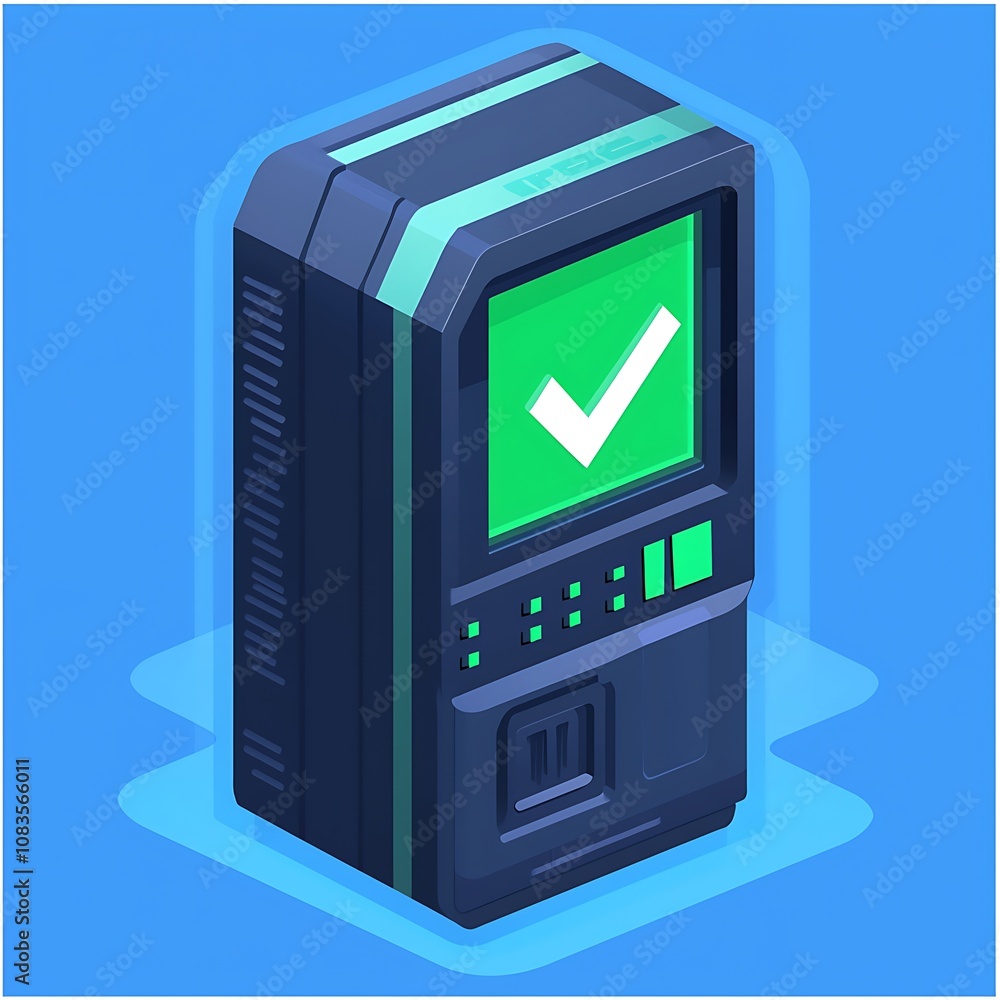 Poster 3d illustration of a modern atm machine with a checkmark symbol on a blue background, representing s