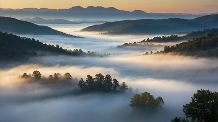 Obraz premium MistyValleyMorningBackgrounds, FoggyMountainLandscapes, SereneNatureScenes, MorningMistValleyDesigns 