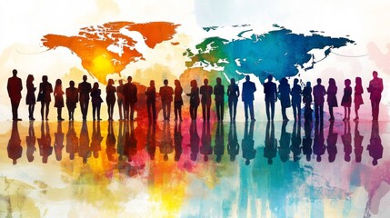 Silhouettes of people standing against a colorful world map background