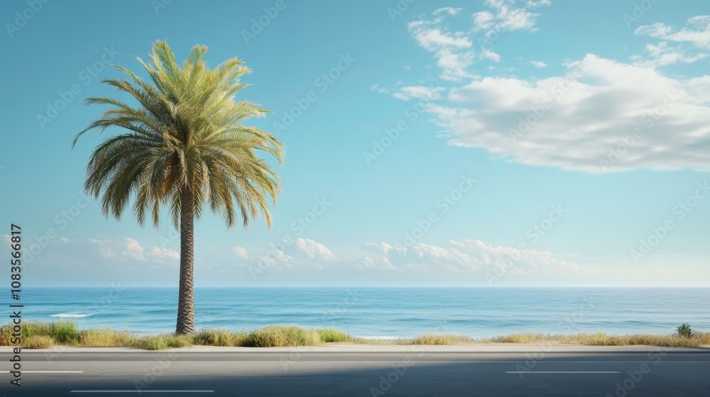 Poster a palm tree is standing on the side of a road next to the ocean