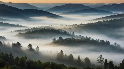 Obraz premium MistyValleyMorningBackgrounds, FoggyMountainLandscapes, SereneNatureScenes, MorningMistValleyDesigns 