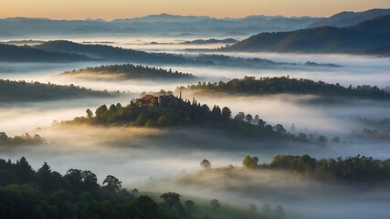 Obraz premium MistyValleyMorningBackgrounds, FoggyMountainLandscapes, SereneNatureScenes, MorningMistValleyDesigns 