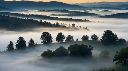 Obraz premium MistyValleyMorningBackgrounds, FoggyMountainLandscapes, SereneNatureScenes, MorningMistValleyDesigns 