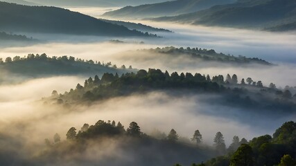 Obraz premium MistyValleyMorningBackgrounds, FoggyMountainLandscapes, SereneNatureScenes, MorningMistValleyDesigns 