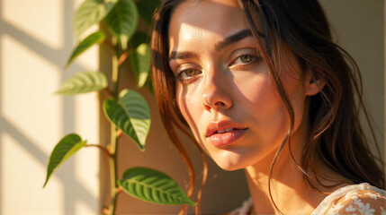 Fototapeta premium A young woman with long hair gently gazes at the camera while natural light filters through a window next to her on a sunny day