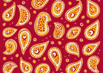 Naklejka premium Abstract Pattern of Yellow and Red Teardrop Shapes on a Red Background