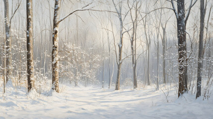 Obraz premium A silent forest in deep winter, with snow-laden branches hanging low.