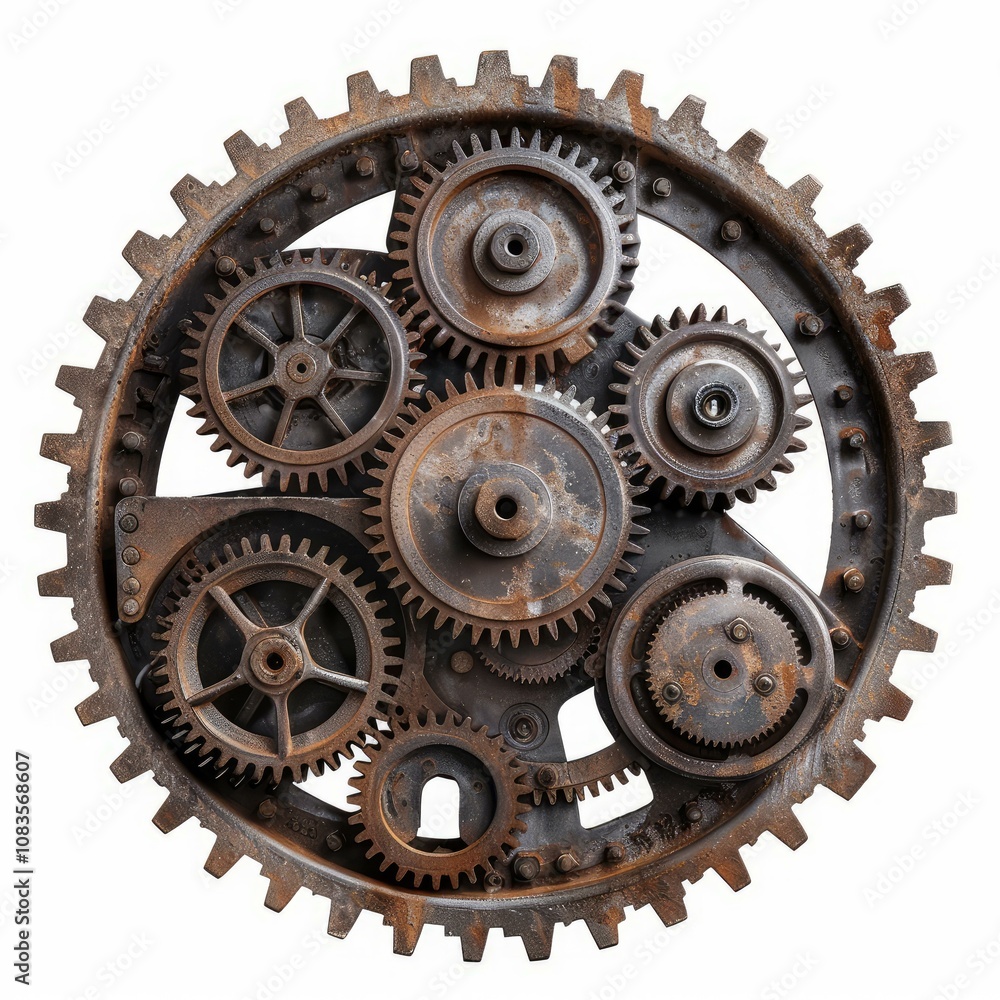 Poster close up of rusty metal gears creating a complex interconnected system, symbolizing industrial proce