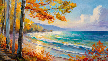 Naklejka premium Autumn Beach Landscape Painting - Generative AI