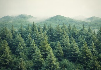 Obraz premium Here's a possible and keyword list for your image.. Misty mountain forest with evergreen trees.