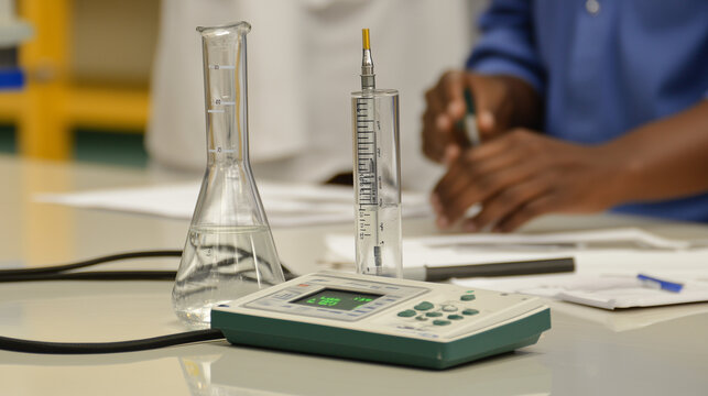 Scientists in lab coats measuring water salinity levels with specialized equipment, emphasizing the importance of environmental monitoring and scientific research