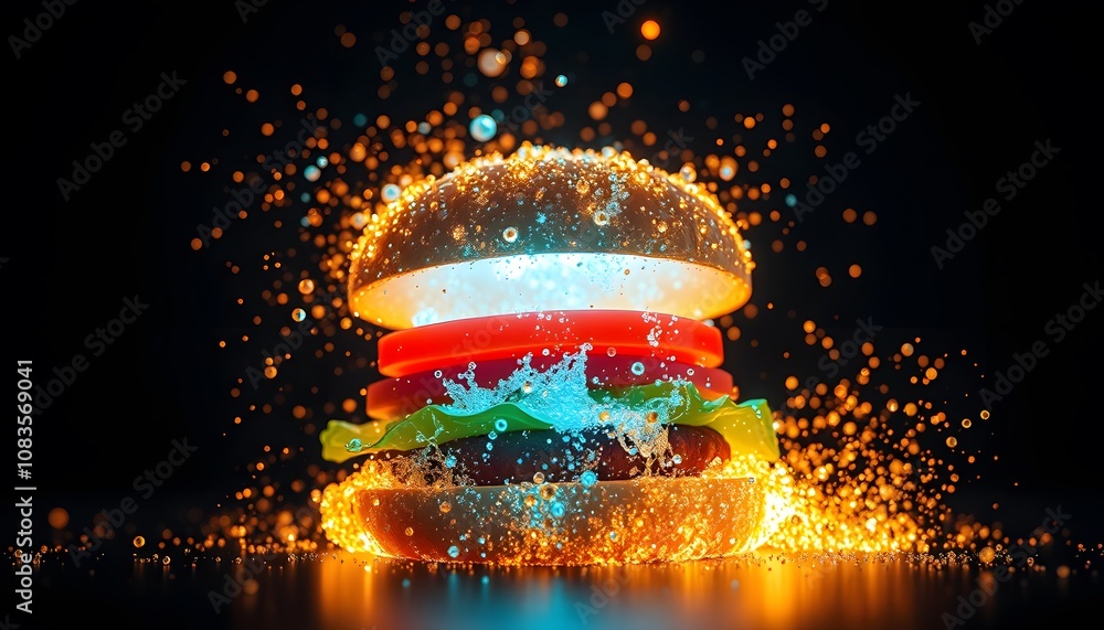 Poster a dynamic and engaging visual of a burger dissolving with glowing particle effects perfect for food 
