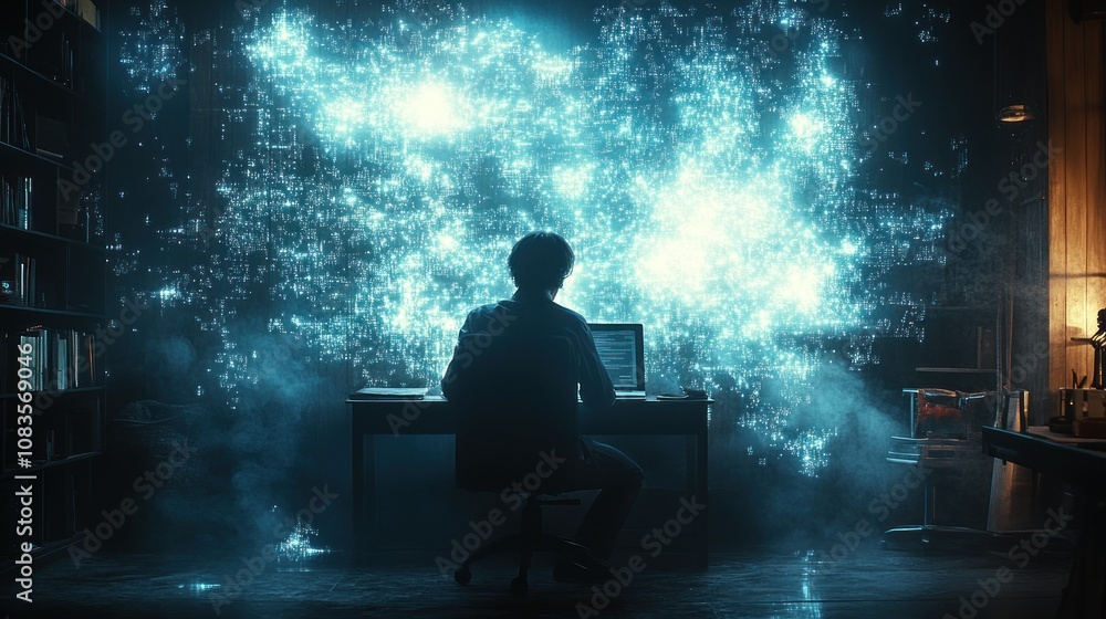 Poster Silhouetted Figure Working at a Desk in a Dark Room with a Glowing Abstract Background