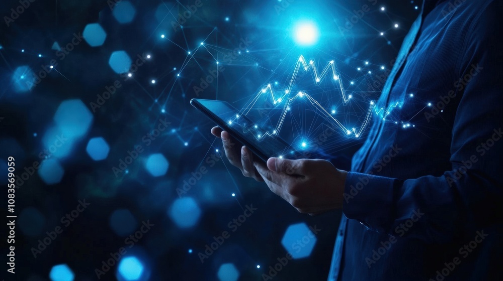 Aufkleber person holds tablet with glowing data visualization in dark tech environment.