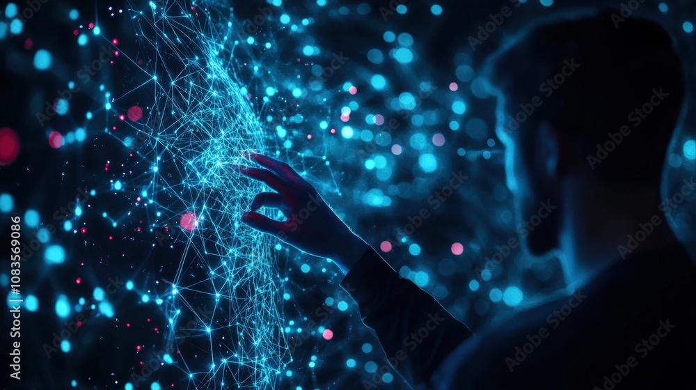Aufkleber person interacts with digital network interface, futuristic tech concept visualization.