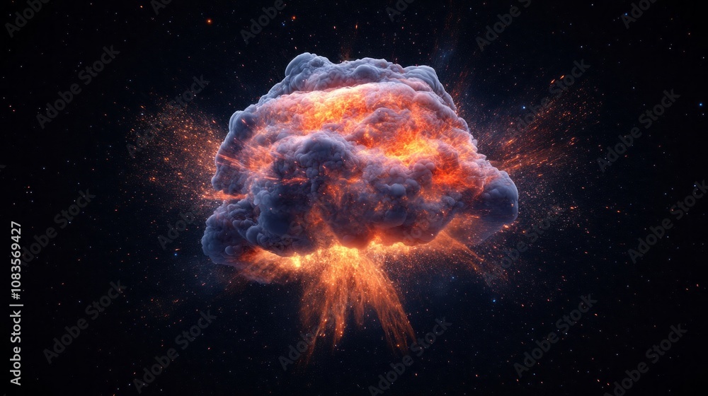 Poster a large explosion in space with a cloud of smoke and fire