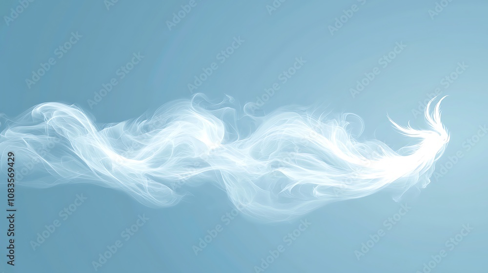 Poster ethereal smoke wisps flowing gently against a soft light blue background creating an enigmatic and d