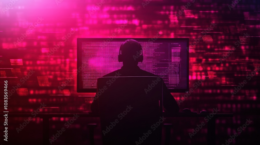 Poster silhouette of a person working on a computer with vibrant digital background.