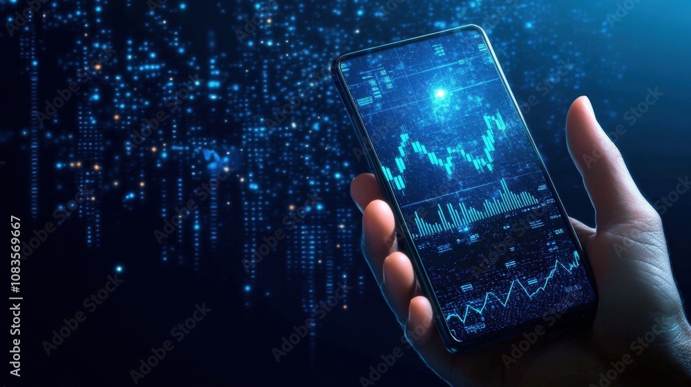 Poster smartphone displaying stock market data with digital graphs in a tech setting.