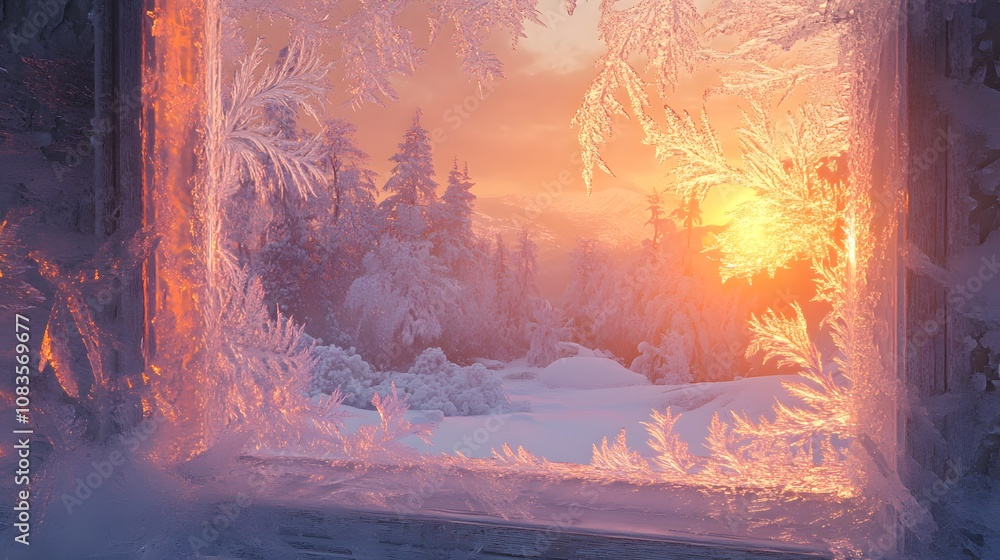 Poster frosted windowpane with intricate ice patterns warm ai generated illustration