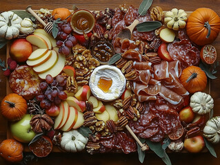 Beautifully arranged autumn charcuterie board featuring fresh fruits, assorted nuts, cured meats, cheeses, and seasonal decorations for festive gatherings