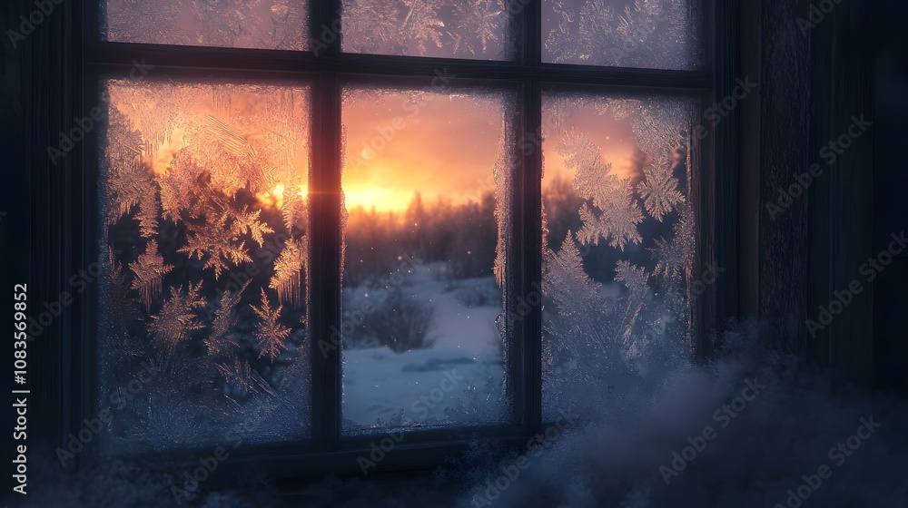 Poster frosted windowpane with intricate ice patterns warm ai generated illustration