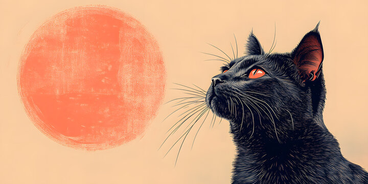 Black cat with striking red eyes gazing at an abstract textured red circle on a beige background, blending modern and minimalist art
