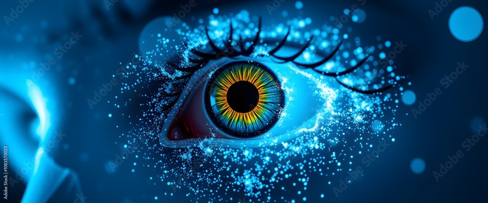 Poster A Stunning Visual Representation of a Vigorous Eye Dissolving into Particles with Glowing Effects, Illustrating the Concept of Vision and Perception in a Creative Way