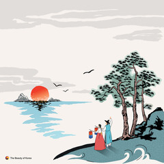 Beautiful Korea, couple wearing Hanbok to welcome New Year, sunrise over the sea, ink painting landscape, Korean traditional painting vector illustration.