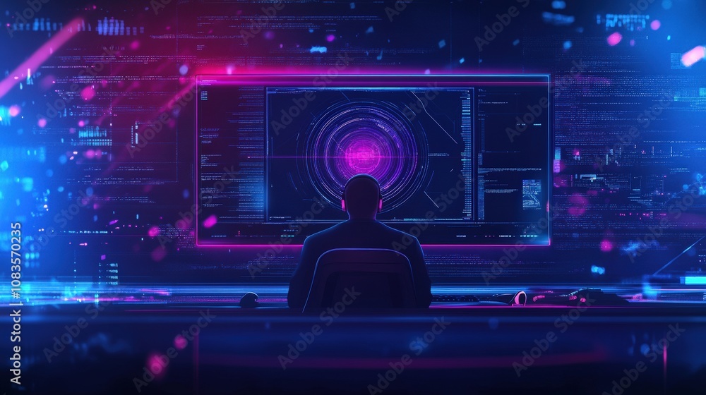 Poster a person immersed in a futuristic digital environment with neon screens and data visuals.
