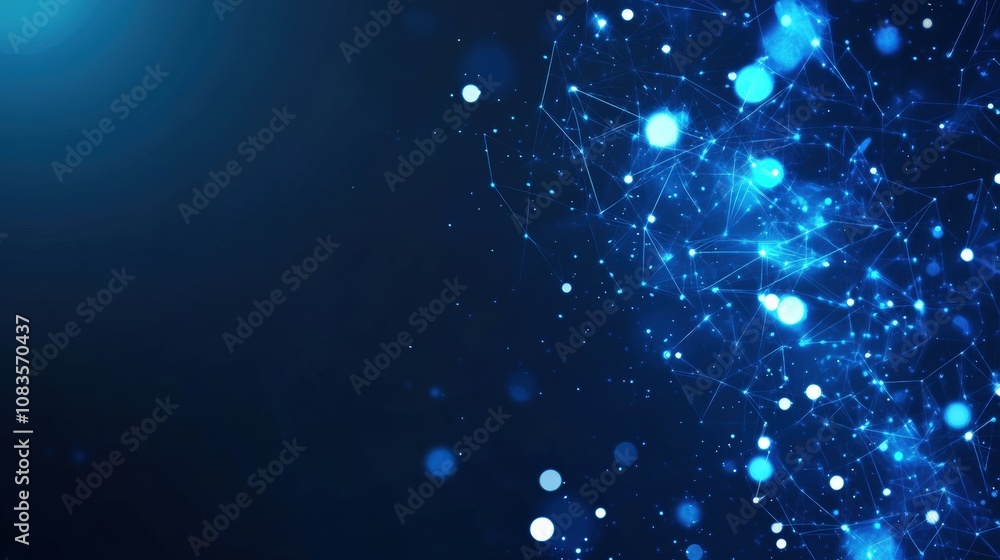 Poster abstract blue digital network background with glowing dots and lines.