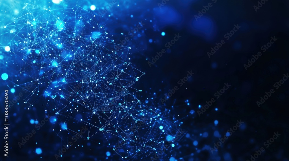 Poster abstract blue digital network background with glowing particles and lines.