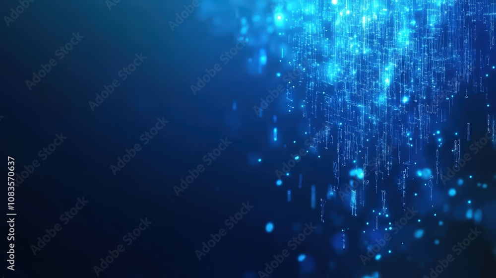 Poster abstract blue digital particles flowing in dark background, symbolizing data and technology.