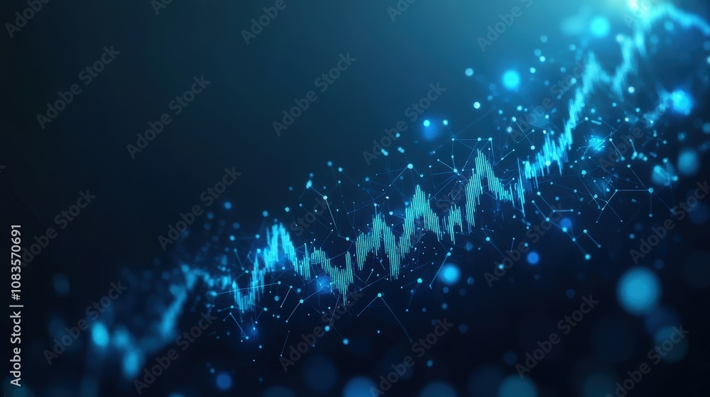 Aufkleber abstract digital binary wave with futuristic glowing dots on dark blue background.
