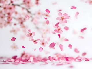 Romantic floating cherry blossom sakura petals on white background