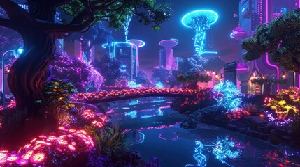 Obraz premium Futuristic garden city at night.