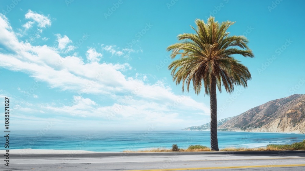Poster a palm tree is standing on a beach next to the ocean