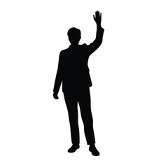 A man in a suit holding his arms up in the air. He is wearing a tie and has a briefcase