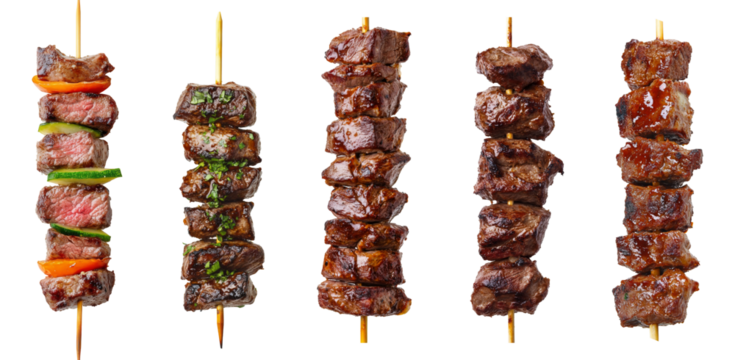 Set of Grilled beef skewers with assorted marinades and vegetables, delicious barbecue isolated on background.