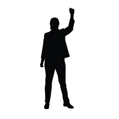 A man in a suit holding his arms up in the air. He is wearing a tie and has a briefcase