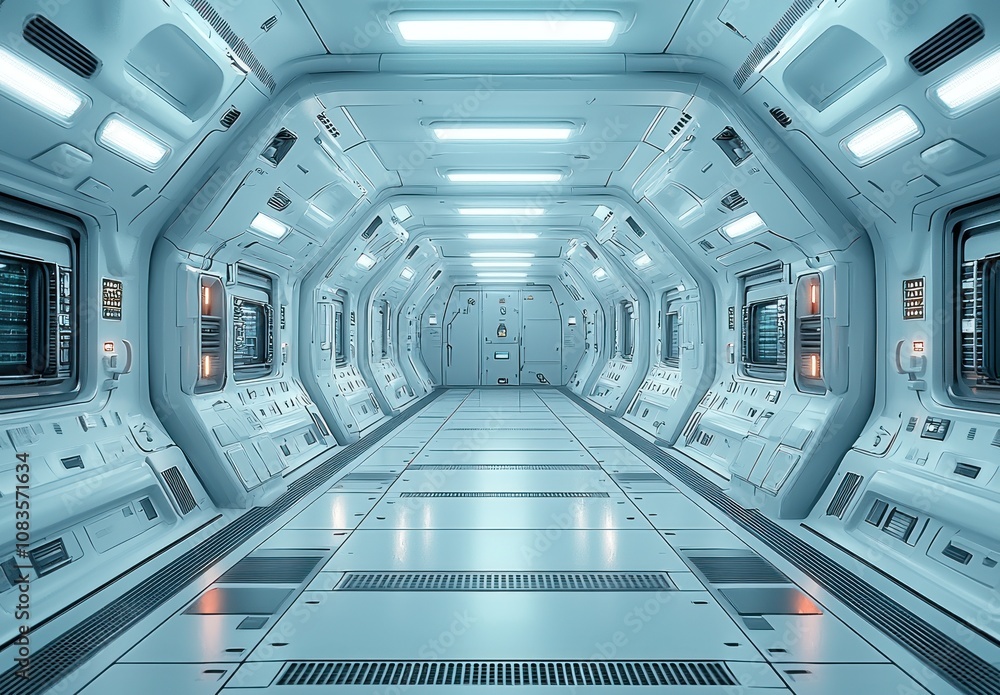 Poster futuristic spaceship corridor with illuminated panels