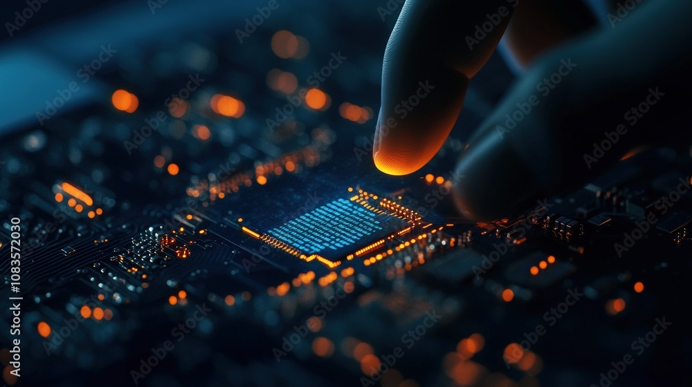 Poster close-up of a finger touching a glowing microchip in a dark technological setting.