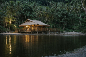 A cozy wooden bungalow with a thatched roof,