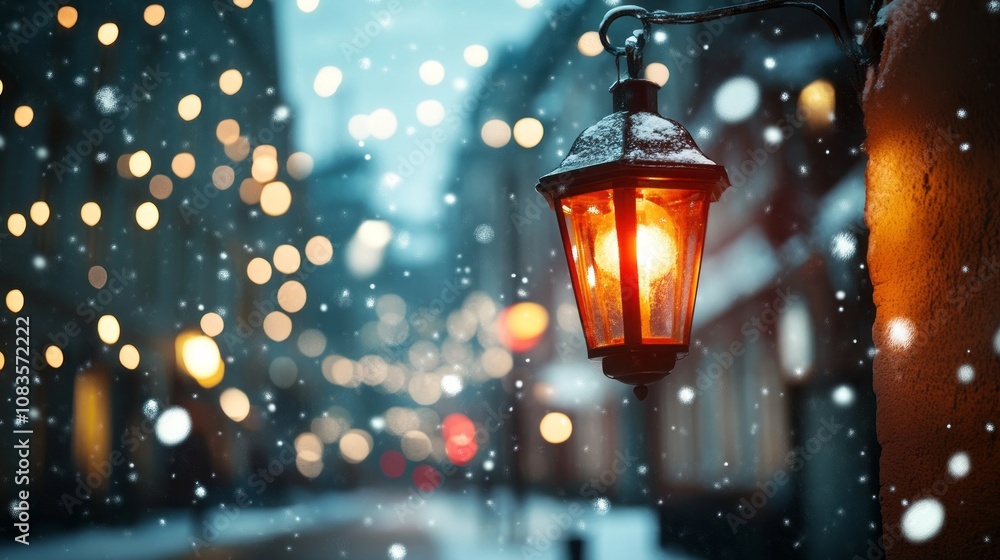 Poster a street lamp with snow on it is lit up in the snow