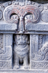 Prambanan 9th century Hindu temple.  Detail of bas-relief carving on wall.  Lion.  Java. Indonesia.